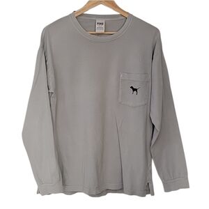 PINK Victoria's Secret Long Sleeve Cotton Shirt Gray Vintage Black Dog Logo Sz.M